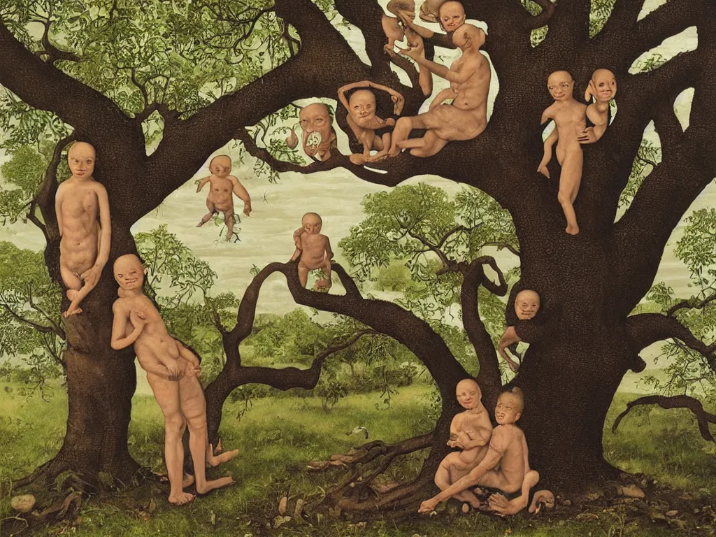 Image similar to Portrait of two Siamese twins near a crooked old oak. Painting by Lucas Cranach, Steve McCurry.