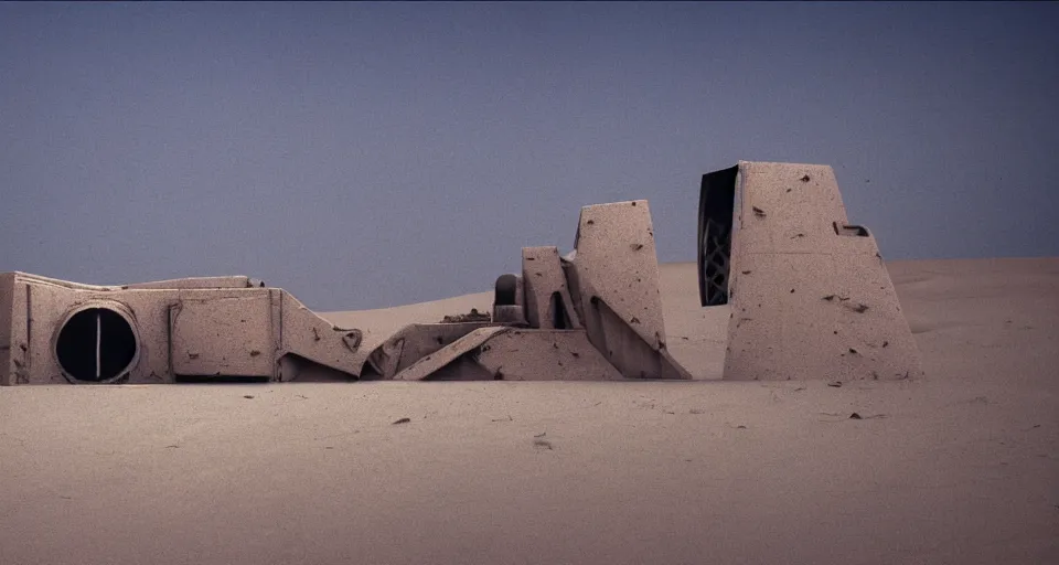 Image similar to the long - shot of levitating abandoned buildings designed by giger under the sand in night arrakis desert, alien spaceship exploding, film still from the movie by alejandro jodorowsky with cinematogrophy of christopher doyle and art direction by hans giger, anamorphic lens, kodakchrome, very detailed photo, 8 k,