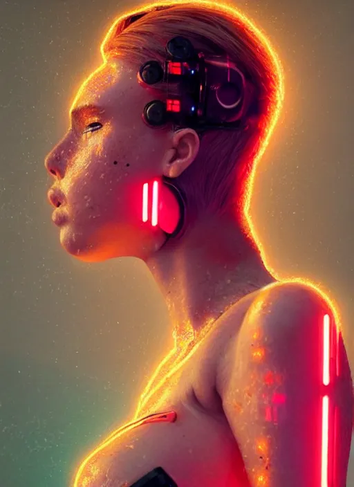 Image similar to a sensual caucasian female humanoid with freckles, cyber neon lighting, futurism, intricate futuristic jewelry accessories, cyberpunk latex swimsuit, profile posing, hyper photorealistic, crispy quality, digital photography, trending in artstation, trending in pinterest, cinematic, 4 k ultra hd, art by pascal blanche, art by greg rutkowski,