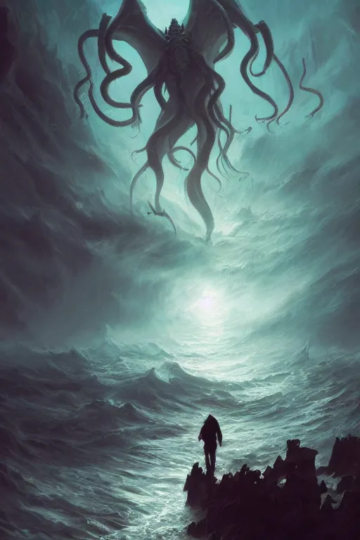 Image similar to cthulhu, ocean, storm, digital art, magic the gathering, mtg, by greg rutkowski, trending on artstation