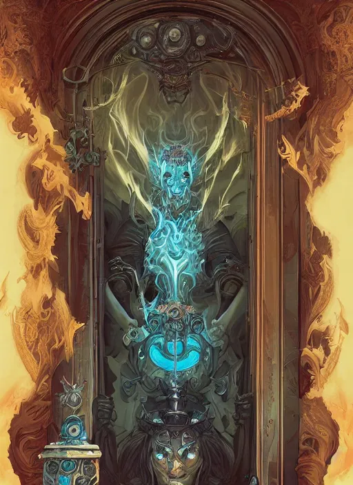 Image similar to intricate rendered portrait of Hades the god of the dead standing by an ornate door by Peter mohrbacher and Dan mumford and beeple, trending on cgsociety, inctricate door, flames, hell