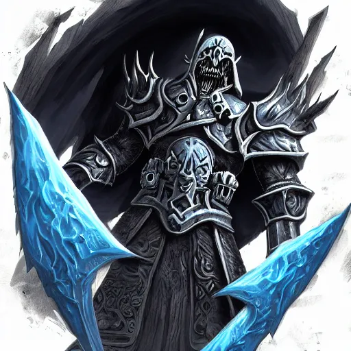 Prompt: the lich king, world of warcraft, in the style of kentaro miura, digital art, trending on artstation, key art, concept art,