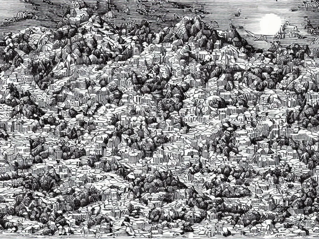 Prompt: Beautiful isometric print of a few Enormous Lego Blocks In a Lego Block Mountain landscape in the style of Albrecht Durer and Martin Schongauer and Alphonse Mucha, high contrast!! finely carved woodcut engraving black and white crisp edges