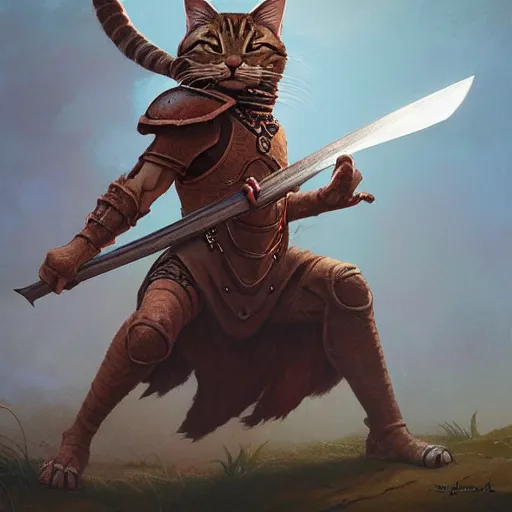 Prompt: ( ( ( full length portrait of tabby tabaxi warrior, halberd poleaxe ) ) ), d & d, tyler jacobson, greg rutkowski, frank frazetta, alexandre chaudret, boris vallejo, michael whelan, miro petrov, magali villeneuve, donato giancola