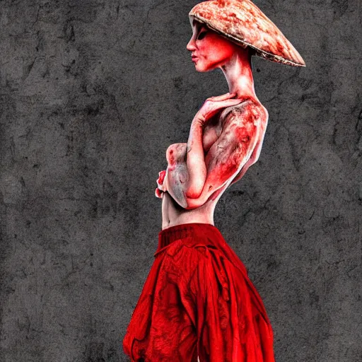 Image similar to detailed half body digital art for a game of a beautiful woman wearing ragged and ruined clothes merged with mushrooms. the background is pure red. dramatic camera angle