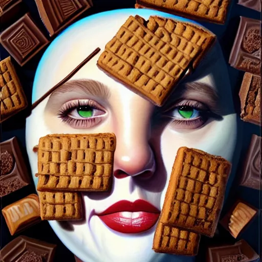 Image similar to drew barrymore face inside! a smore, chocolate, marshmallow graham cracker, digital painting by arcimboldo, rhads