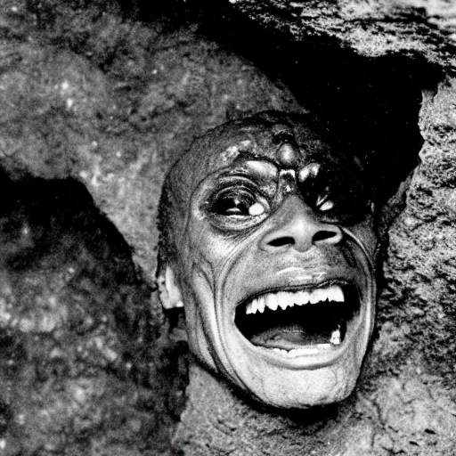 Prompt: photo inside a cavern of a wet reptilian humanoid miles davis partially hidden behind a rock, with black eyes, open mouth and big teeth