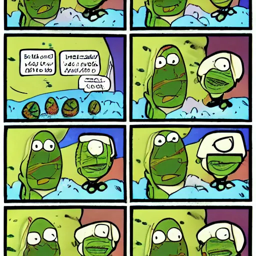 Prompt: a 3 panel comic strip about avocadoes in space, style of bill watterson