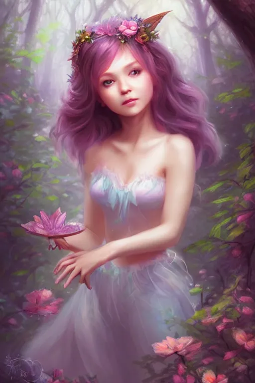 Image similar to a cute fairy in the dreamy forest, fantasy, 8 k resolution, hyper detailed, d & d, character design, digital painting, trending on artstation, sharp focus, illustration, art by artgerm, steve zheng, fuji choko, viktoria gavrilenko, hoang lap