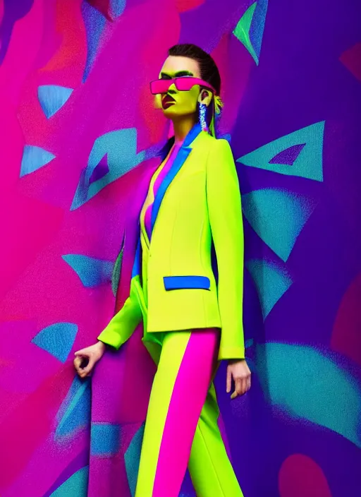 Image similar to bright trouser suit for a rave, bright colors, many details, prints, photo for a magazine, photo for a store, fashion photography, Vogue, 135 mm, cinematic, hyper realism, high detail, 8k, Two models in the frame, dynamic pose,Smooth skin, perfect face