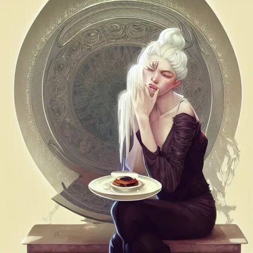 Image similar to a beautiful girl with white hair and bangs, sitting in a cafe, fantasy, intricate, elegant, highly detailed, digital painting, artstation, concept art, matte, sharp focus, illustration, art by Artgerm and Greg Rutkowski and Alphonse Mucha