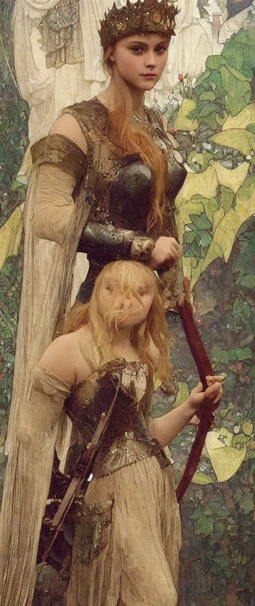 Image similar to annasophia robb in medieval armour, bowl haircut, mucha and bouguereau