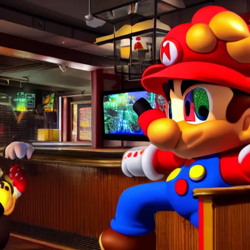 Prompt: an ultradetailed 3 d render of shadow the hedgehog and bowser sitting in a bar drinking beer, dive bar with a karaoke machine, volumetric lighting, 4 k, octane render, in the style of mario and sega