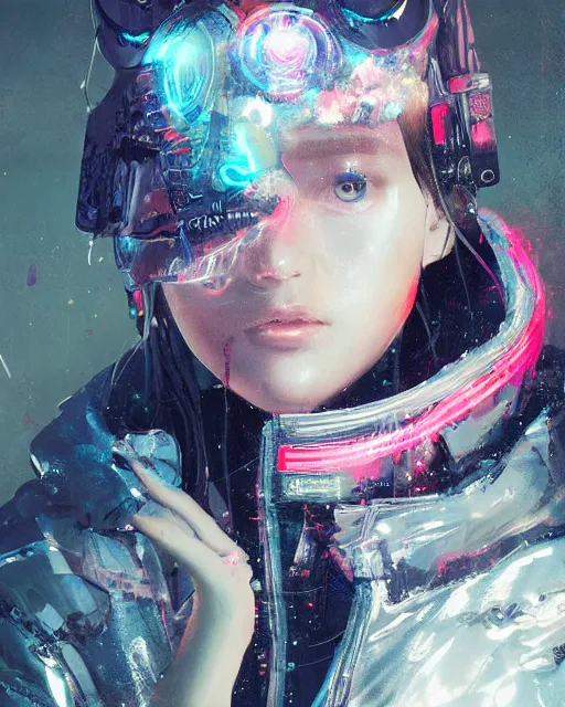 Prompt: detailed portrait Neon Operator Girl cyberpunk futuristic neon Reflective puffy coat, decorated with traditional japanese ornaments by ismail inceoglu dragan bibin hans thoma greg rutkowski Alexandros Pyromallis Nekro Rene Margitte illustrated Perfect face, fine details, realistic shaded, fine-face, pretty face