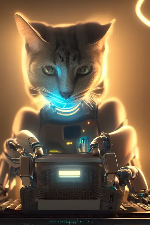 Image similar to portrait of a robotic cat eating a computer mouse. cinematic, cyberpunk, digital art, blender, octane render, volumetric lighting, 8 k, detailed, trending on artstation