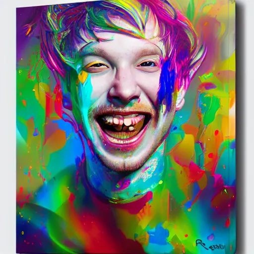Prompt: a portrait of a laughing man with ginger hair, by ross tran, psychedelic rainbow, swirling colors, dripping paint