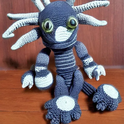Image similar to knitted cuddly xenomorph cuddles ripley, cute styling, yarn, photorealistic