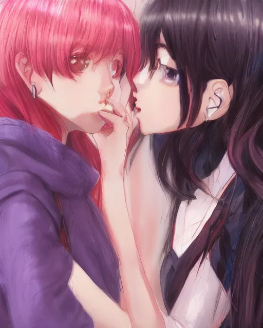 Image similar to portrait of two girls kissing, anime, trending on Artstation