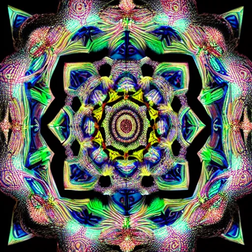 Image similar to ornate psychedelic twisting three dimensional mandala vortex inside a hexagonal box, intricate detail, complex