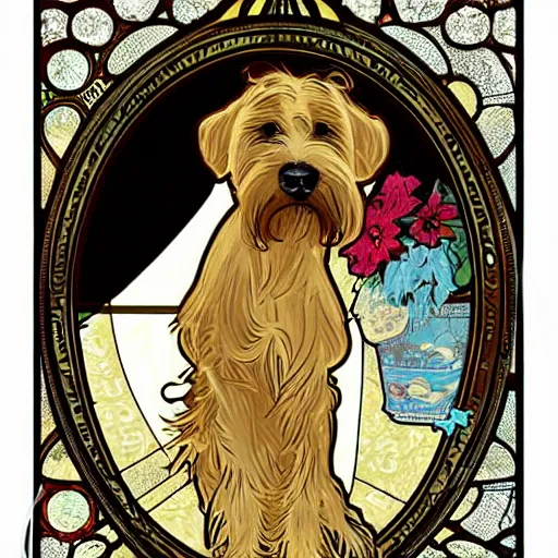 Prompt: wheaten terrier in the style of Alphonse Mucha