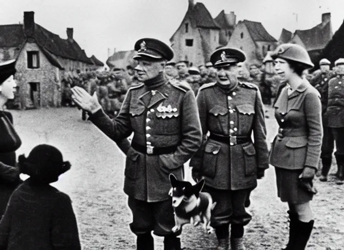 Prompt: ultra wide 1 9 4 6 blurry historical far away photo a german general surrendering to young queen elizabeth in a french village, her corgis are nearby highly detailed, sharp focus