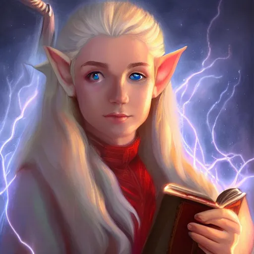 Image similar to Beautiful white haired fair skinned scholar elves with scroll and lightning background, realism, digital painting, detailed artwork, portrait, mythical, artstation