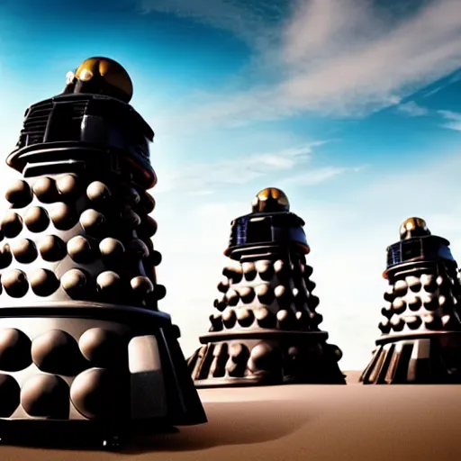 Prompt: Daleks storming Normandy beach, cinematic, dynamic lighting, High contrast, depth of field