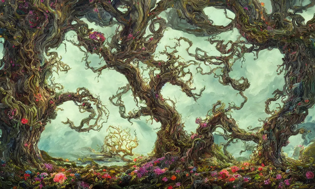 Prompt: a beautiful painting of a huge sacred and mystical and mysterious tree growing on an island with blooming with exotic glowing flowers and bugs, in the middle of a violent tumultuous sea, by john blanche, trending on artstation, midjourney