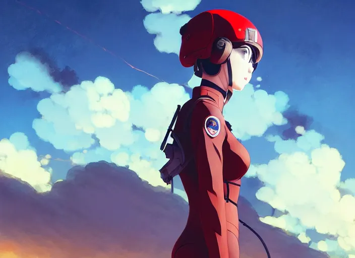 Image similar to portrait of pilot girl, smoky sky background, lush landscape, illustration concept art anime key visual trending pixiv fanbox by wlop and greg rutkowski and makoto shinkai and studio ghibli and kyoto animation, red body suit, military gear, evangelion unit 0 2, grimdark