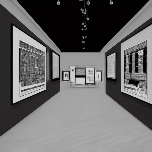 Prompt: exhibition gallery floor plan, black and white