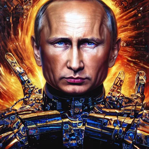 Prompt: UHD hyperrealistic photorealistic detailed image of Vladimir Putin with sparking, busted, broken cybernetic implants and an evil expression by Ayami Kojima Amano Karol Bak, Greg Hildebrandt and Mark Brooks