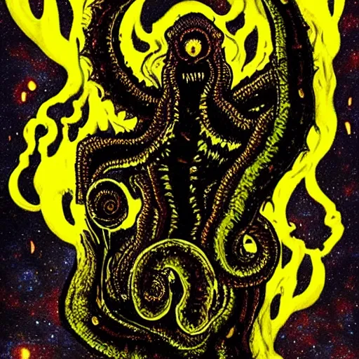 Prompt: “a terrifying lovecraftian cosmic god with dark yellow magic fire”