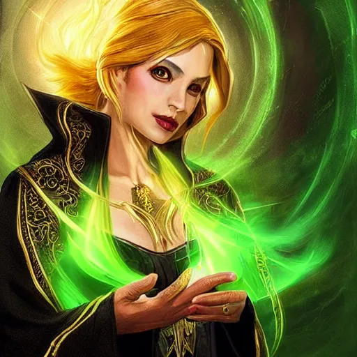 Prompt: a beautiful sorceress wearing a black robe with gold embroidery, sitting at table, casting a spell, green glows, painted by artgerm, in the style of magic the gathering, highly detailed digital art