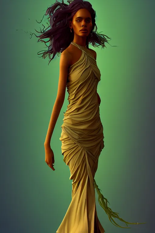 Prompt: 👩🏾🌵👗, phantom, dreary, dramatic, fluid, golden ratio, artstation, moebius + loish, hd,