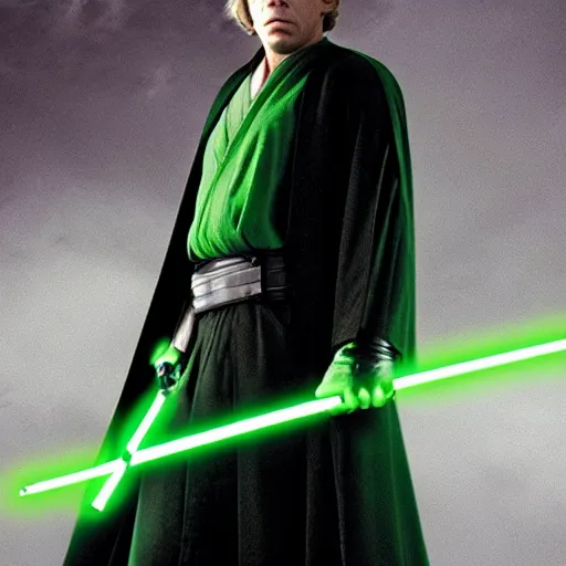 Image similar to luke skywalker holding a green lightsaber wearing a dark cloak