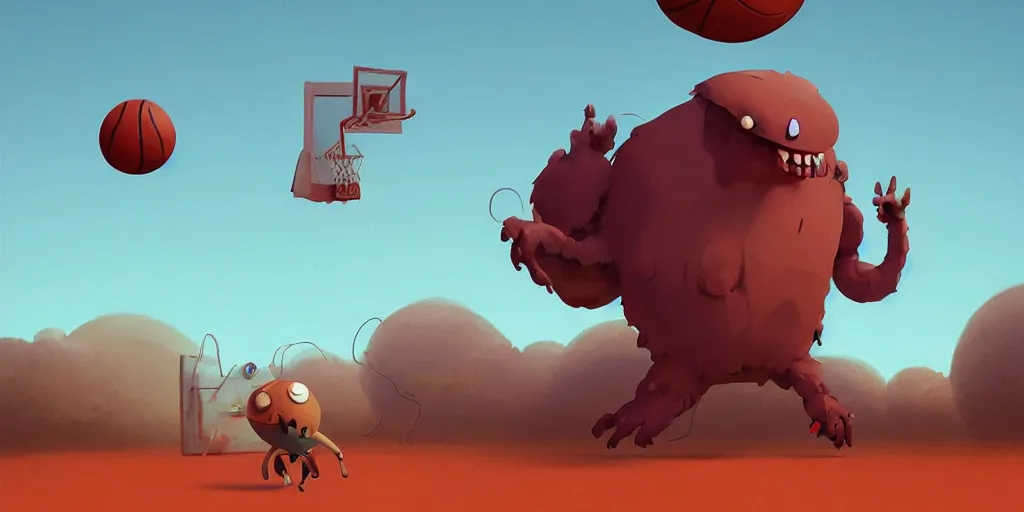 Prompt: cute monster playing basketball by Goro Fujita and Simon Stalenhag , 8k, trending on artstation, hyper detailed, cinematic