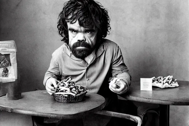 Prompt: peter dinklage at arbys eating curled fries, in the style of eugene atget and peter witkin