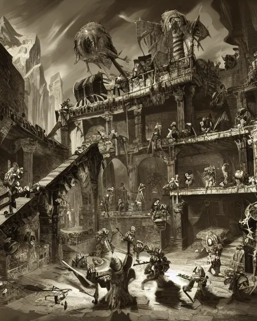 Image similar to a party of adventurers in an endless dungeon by Piranesi