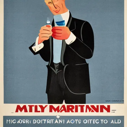 Prompt: a man holding a martini with an otter swimming in it while giving a thumbs up in a 1 9 2 0 s advertisement poster