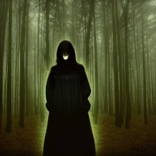 Prompt: long shot of a scary woman wearing all black, standing in the forest, melancholic, dreary, horror, creepy, glows, dark lighting, ambient lights, cinematic lighting, sinister, digital art,