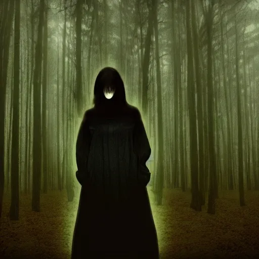 Image similar to long shot of a scary woman wearing all black, standing in the forest, melancholic, dreary, horror, creepy, glows, dark lighting, ambient lights, cinematic lighting, sinister, digital art,