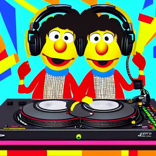 Image similar to svg sticker of a Pop-Wonder Bert&Ernie, Sesame-Street, at a rave, spinning records, giant headphones rocking out, wearing headphones, huge speakers, dancing, rave, DJ, spinning records, digital art, amazing composition, rule-of-thirds, award-winning, trending on artstation, featured on deviantart