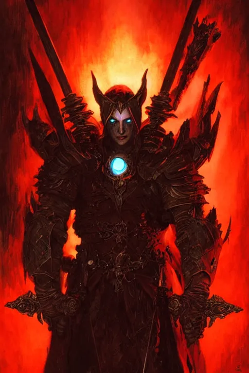 Prompt: vampire elf in impressive stone armor with red glowing eyes, holding a demonic spear that glows with red energy portrait dnd, painting by gaston bussiere, craig mullins, greg rutkowski, yoji shinkawa