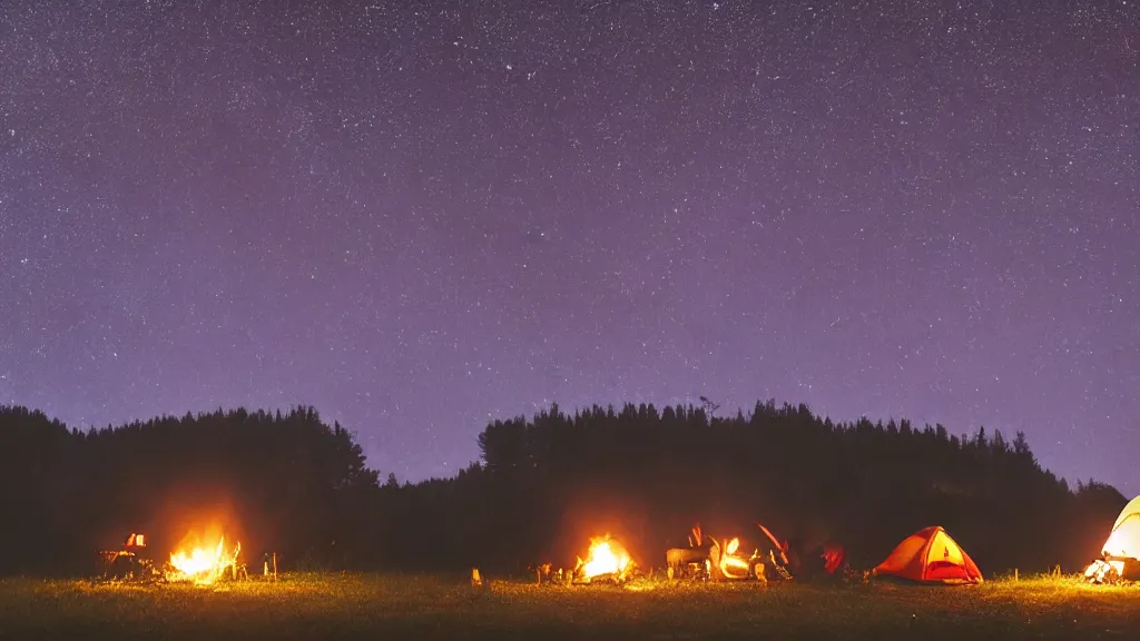 Image similar to camping out in the middle of nature, tents in the background, starry sky, night time, dark, milky way, campfire, highly detailed, 4 k