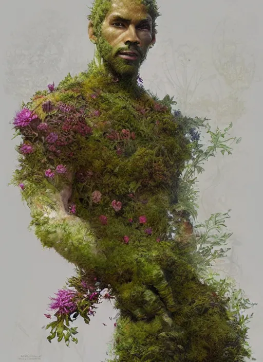 Image similar to a man made of moss and flowers, full body view, beautiful high quality realistic fantasy art, trending on artstation by artgerm and greg rutkowski and alphonse mucha