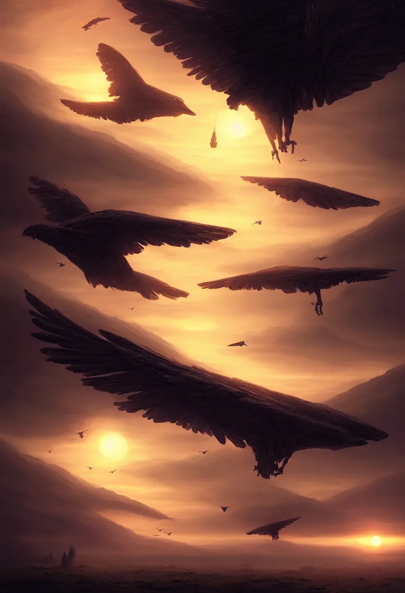 Image similar to strange alien birds flying up, autumn sunset, ultra high definition, ultra detailed, symmetry, fog, matte painting, by greg rutkowski and ross tran and wlop