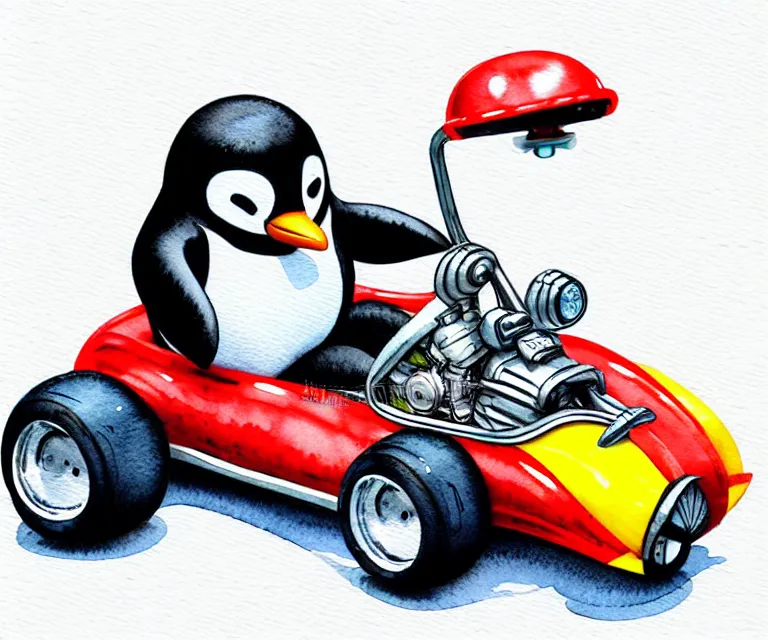 Image similar to cute and funny, penguin wearing a helmet riding in a tiny go kart with an oversized engine, ratfink style by ed roth, centered award winning watercolor pen illustration, isometric illustration by chihiro iwasaki, edited by range murata, tiny details by artgerm and watercolor girl, symmetrically isometrically centered, sharply focused