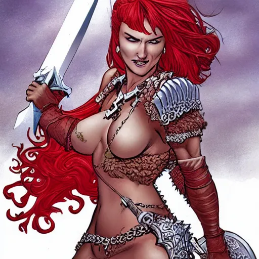 Prompt: Red Sonja wielding a huge sword, with a dead monster at her feet. J. Scott Campbell