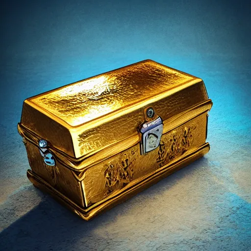Prompt: Photo of a treasure chest filled with gold and golden accessory on an island, 8k, dramatic lighting, digital art
