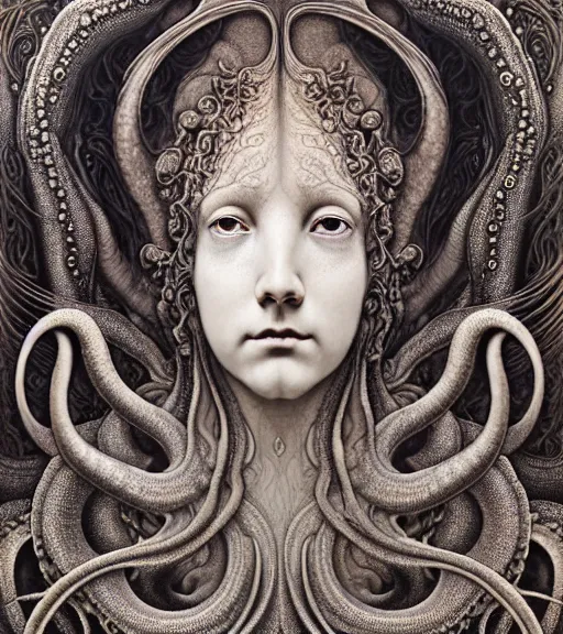 Prompt: detailed realistic beautiful octopus goddess face portrait by jean delville, gustave dore, iris van herpen and marco mazzoni, art forms of nature by ernst haeckel, art nouveau, symbolist, visionary, gothic, neo - gothic, pre - raphaelite, fractal lace, intricate alien botanicals, ai biodiversity, surreality, hyperdetailed ultrasharp octane render